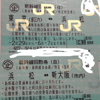 ジェイアール(JR)の東京=新大阪　新幹線自由席回数券　6／5迄有効(その他)