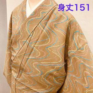 単衣着物 ひとえ 洗える着物 小紋 化繊 ポリエステル 黄土色(着物)