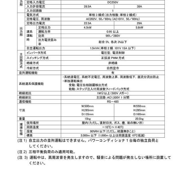 太陽光発電システムのパワーコンディショナ（安川電機製・5.8kw）リモコン付き