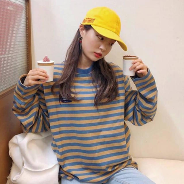 ☆大人気☆ ボーダー ロング Tシャツ ロンT ブルー イエロー  L レディースのトップス(Tシャツ(長袖/七分))の商品写真