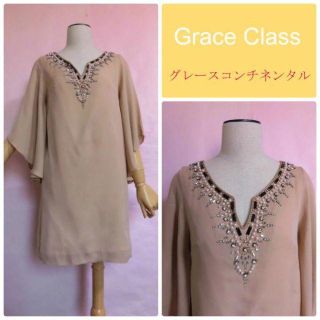 グレースコンチネンタル(GRACE CONTINENTAL)の【グレースクラス】 ビジュー＆パール シルク ワンピース☆34650円(ひざ丈ワンピース)