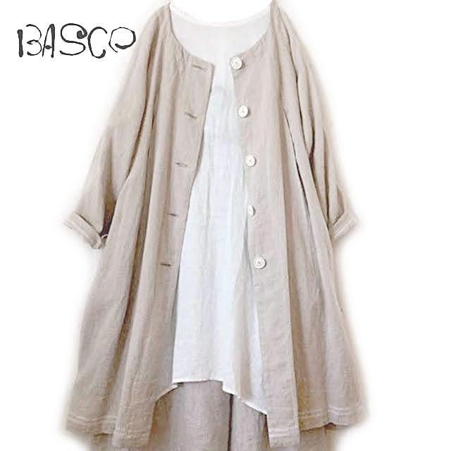 nest Robe(ネストローブ)の美品 BASCO nest✨バスコ ノーカラー リネン 羽織り コート レディースのジャケット/アウター(ロングコート)の商品写真