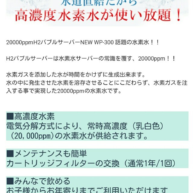 水素水浄水器　スペシャルバブルスイソ　20000ppm　H2バブルサーバーNEW インテリア/住まい/日用品のキッチン/食器(浄水機)の商品写真