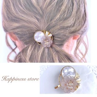 No.155 新商品✨すりガラス風ビーズフラワー（グレーver.）ポニーフック(ヘアアクセサリー)