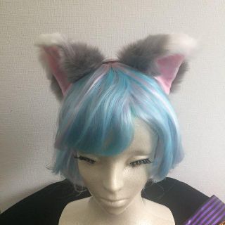 グレー×白 猫耳 カチューシャ ふわふわ コスプレ かわいい(小道具)