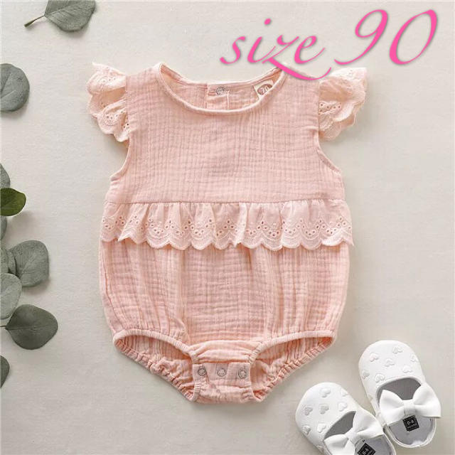 【新品未使用】　フレンチ　スリーブ　ロンパース　90  ピンク コットン リネン キッズ/ベビー/マタニティのキッズ服女の子用(90cm~)(ワンピース)の商品写真