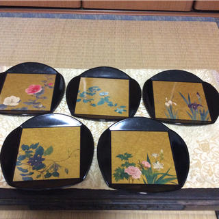【新品未使用】花四つ折  黒塗り 菓子皿10皿(漆芸)