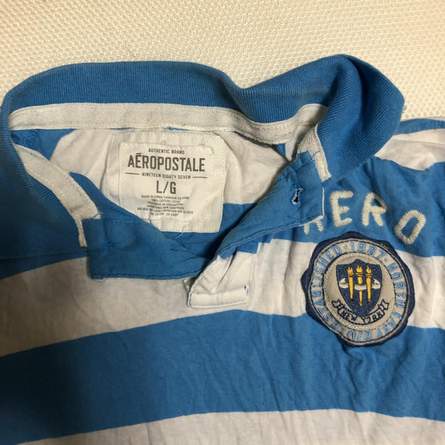 AEROPOSTALE(エアロポステール)のAEROPOSTALE  メンズポロシャツ　Lサイズ　水色ボーダーused メンズのトップス(ポロシャツ)の商品写真