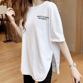 半袖ロゴTシャツトップススリット入りロゴバックプリント英字丸首白黒無地レディース(Tシャツ(半袖/袖なし))