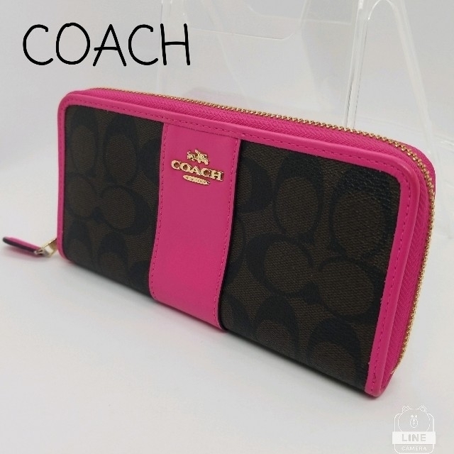 COACH(コーチ)の【COACHコーチ　ラウンドファスナーPVC長財布　ダークブラウン&ピンク】 レディースのファッション小物(財布)の商品写真