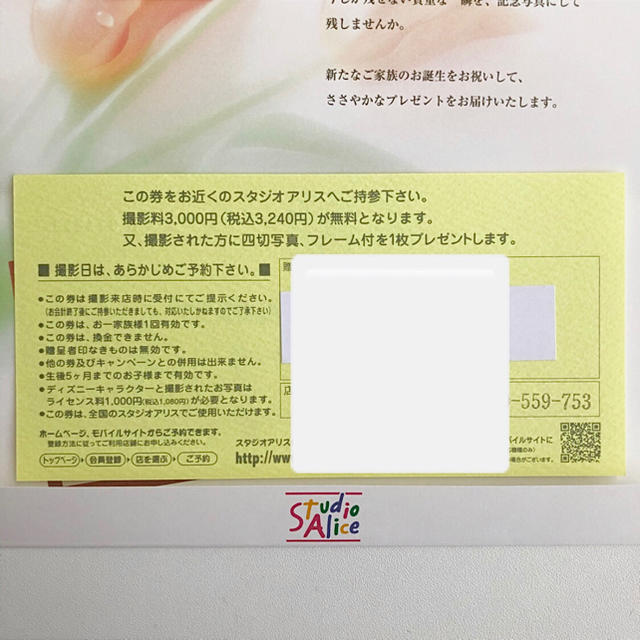 ゆこ様専用 スタジオアリス 記念写真撮影券 チケットの優待券/割引券(その他)の商品写真