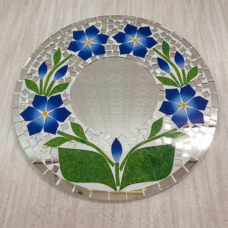 ミラー　鏡　インドネシア　バリ島　花柄　ブルー(壁掛けミラー)