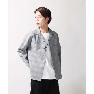 【美品】ストレッチチェックオープンカラーシャツ　グレンチェック　ジャケット(シャツ)