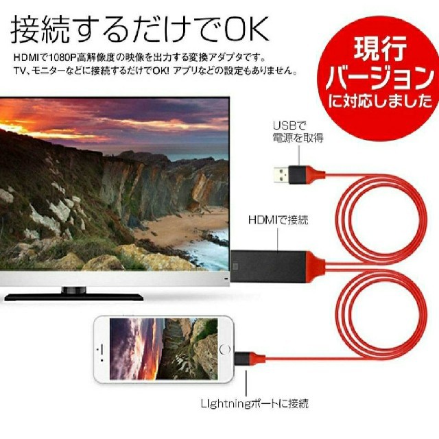 iPhone HDMI変換ケーブル　ミラーリング　スマホ画面をテレビへ スマホ/家電/カメラのテレビ/映像機器(映像用ケーブル)の商品写真