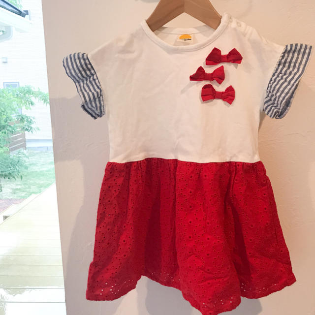 mou jon jon(ムージョンジョン)のmou jon jon ワンピース 95（赤） キッズ/ベビー/マタニティのキッズ服女の子用(90cm~)(ワンピース)の商品写真