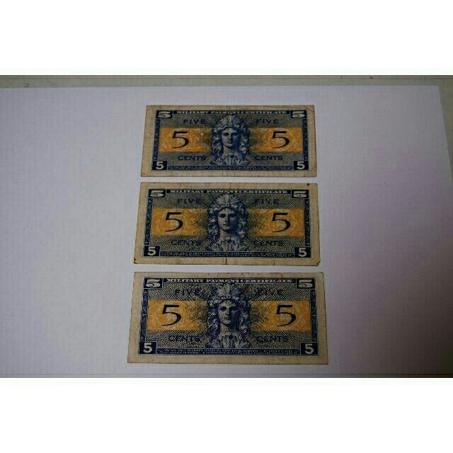 旧貨幣　古銭　MILITARY PAYMENT CERTIFICATE 5　3枚 エンタメ/ホビーの美術品/アンティーク(貨幣)の商品写真