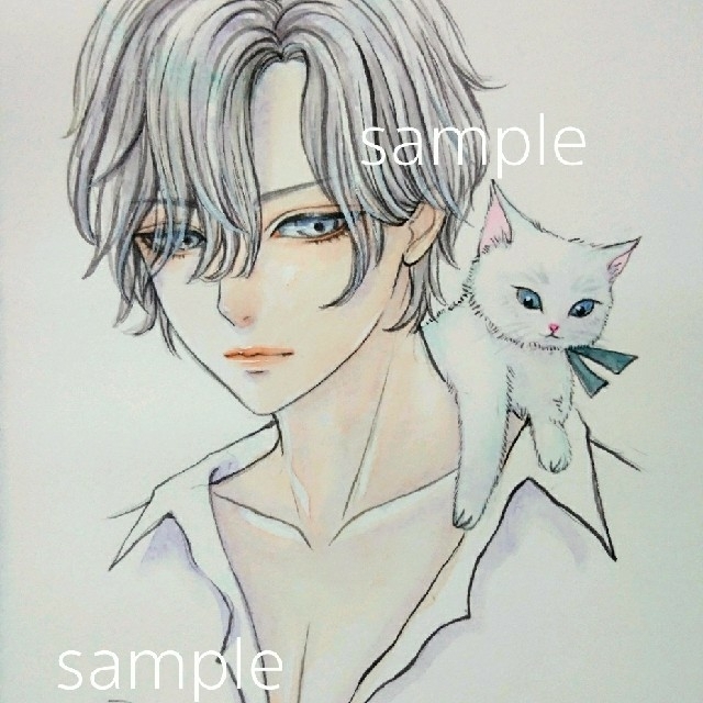 インテリア/家具 専用 手描きイラスト オリジナル水彩画 猫 男の子 【訳あり】