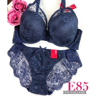 ブラジャーショーツE85 ネイビーの花柄ヌーディレース☆(ブラ&ショーツセット)