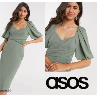 エイソス(asos)の【新品・タグ付】asos　パフスリーブミディドレス　UK4(ひざ丈ワンピース)