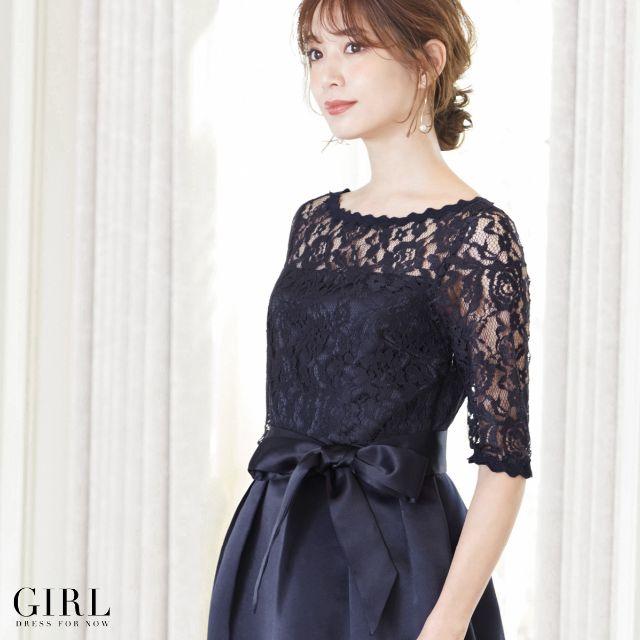 美品♡GIRL 結婚式ワンピース フォーマル リボンレース 紺 ネイビー M