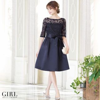 美品♡GIRL 結婚式ワンピース フォーマル リボンレース 紺 ネイビー M