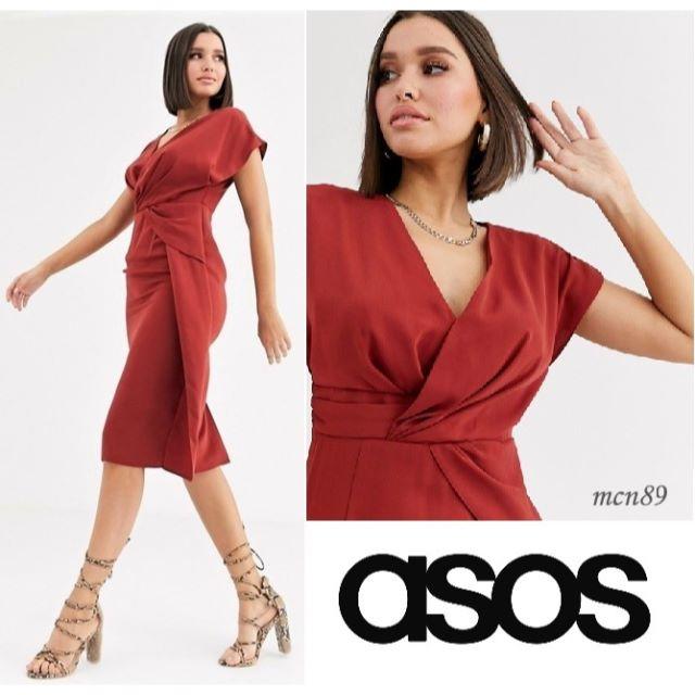 【新品・タグ付】asos　フロントツイスト＆ドレープミディドレス　UK4