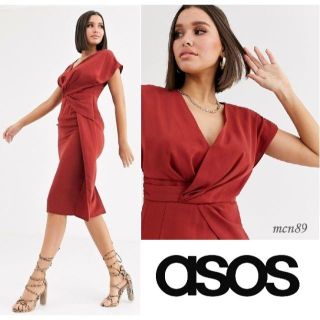 エイソス(asos)の【新品・タグ付】asos　フロントツイスト＆ドレープミディドレス　UK4(ひざ丈ワンピース)