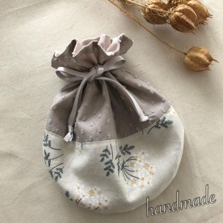 ハンドメイド　デコレクションズ　check&stripe 花柄　巾着袋(ポーチ)