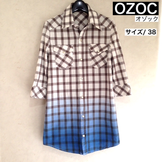 オゾック(OZOC)のOZOC ロングシャツ シャツワンピース 五分袖 チェック柄 バイカラー　M(シャツ/ブラウス(長袖/七分))