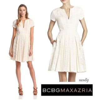 ビーシービージーマックスアズリア(BCBGMAXAZRIA)の【新品・未使用】BCBGMAXAZRIA　パッチワークレースシャツドレス　０(ひざ丈ワンピース)