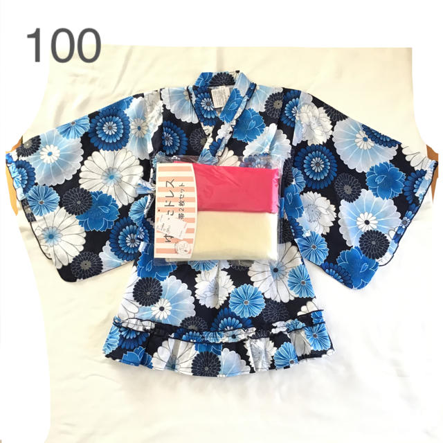 【100】花柄 浴衣ドレス 女の子 浴衣 紺 ブルー キッズ/ベビー/マタニティのキッズ服女の子用(90cm~)(甚平/浴衣)の商品写真