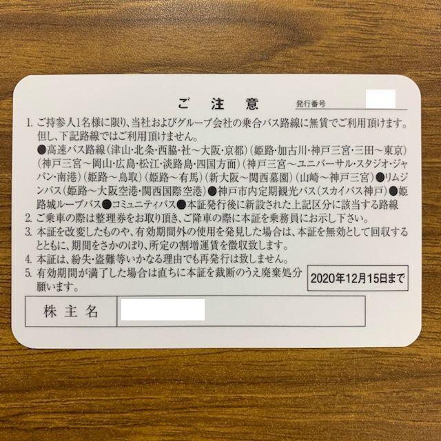 神姫バス　株主乗車証　男性　バス　半年定期　2020.12.15　送料無料 チケットの優待券/割引券(その他)の商品写真