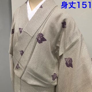 単衣着物 ひとえ 小紋 洗えるきもの ポリエステル 化繊 ベージュ (着物)