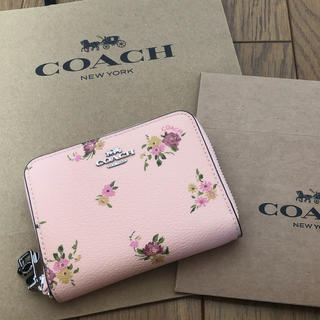 コーチ(COACH)の新品 コーチ ラウンドジップ ミニ財布 ピンク×花柄 ショップバッグ、ボックス付(財布)