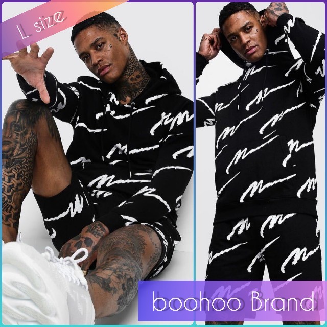 【L】boohoo asos　総柄　上下セットアップ　ハーフパンツ　ブラック　黒