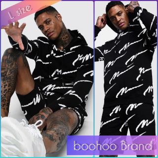 ブーフー(boohoo)の【L】boohoo asos　総柄　上下セットアップ　ハーフパンツ　ブラック　黒(スウェット)