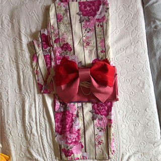ストライプ  花柄　浴衣と帯セット(浴衣)
