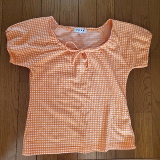 オレンジ色ギンガムチェック柄トップスLサイズ(シャツ/ブラウス(半袖/袖なし))