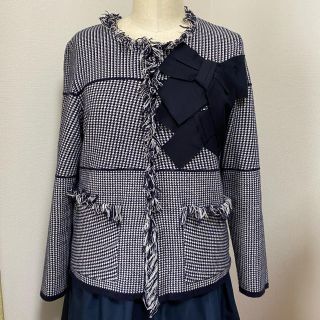 ランバンオンブルー(LANVIN en Bleu)のランバンオンブルー☆千鳥リボンライトジャケット(38)ネイビー(ノーカラージャケット)