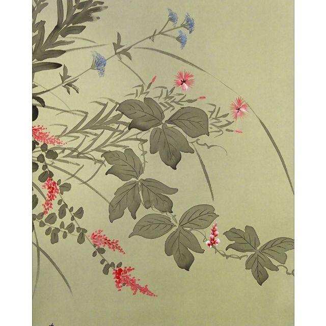 模写】掛軸 春峰『秋草』日本画 絹本 肉筆 共箱付 掛け軸 x02554-