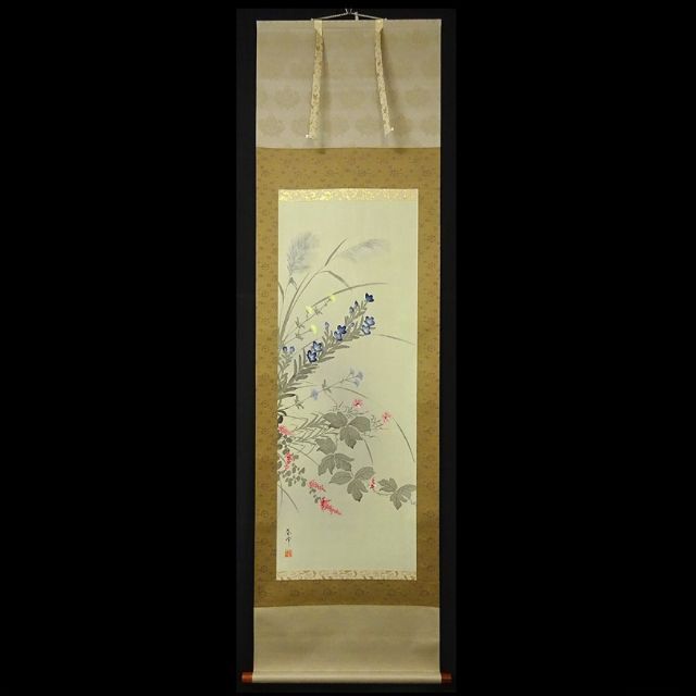 【模写】掛軸 春峰『秋草』日本画 絹本 肉筆 共箱付 掛け軸 x02554