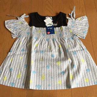 エフオーキッズ(F.O.KIDS)の新品 ALGY シェルストライプ柄ブラウス ノースリーブ オフショル XS(Tシャツ/カットソー)