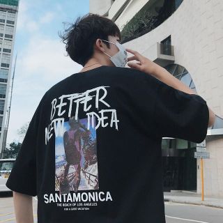 韓国 人気☆SANTAMONICA デザイン Tシャツ ブラック Tシャツ(Tシャツ/カットソー(半袖/袖なし))