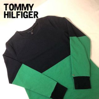 トミーヒルフィガー(TOMMY HILFIGER)のトミーヒルフィガー 人気のグリーン 刺繍 ロンT ボーダー バイカラー L(Tシャツ/カットソー(七分/長袖))