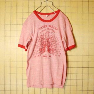 ヘインズ(Hanes)のUSA製 Hanes プリント リンガーTシャツ 半袖霜降りレッド S ss52(Tシャツ/カットソー(半袖/袖なし))