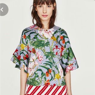 ザラ(ZARA)のZARA ブラウス 花柄ブラウス ブルーストライプ×花柄 フレア袖(シャツ/ブラウス(半袖/袖なし))