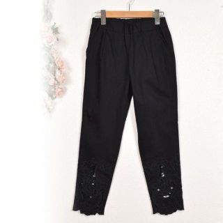 新品 LL 大きいサイズ 裾レース パンツ ウエストゴム 綿 ボトムス/黒(クロップドパンツ)