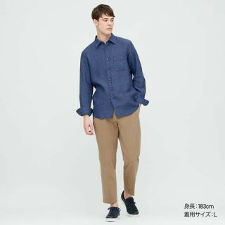 ユニクロ(UNIQLO)のユニクロ　UNIQLO　プレミアムリネンシャツ（長袖）Blueブルー　Ｌサイズ(Tシャツ/カットソー(七分/長袖))