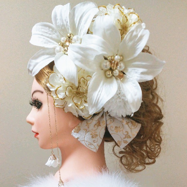 髪飾りViVi ～カサブランカ・白×シルバー～ 成人式 結婚式 花魁 かんざし