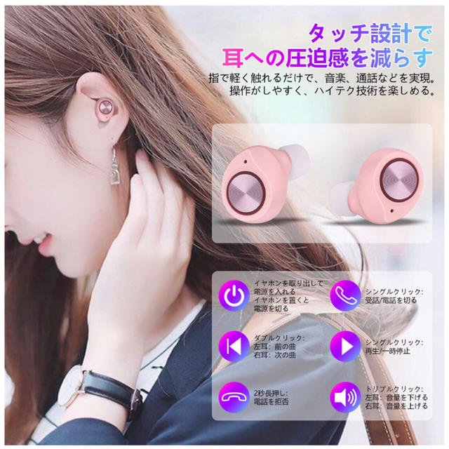 Bluetooth5.0+EDR 完全ワイヤレスイヤホン ピンク マカロンカラー スマホ/家電/カメラのオーディオ機器(ヘッドフォン/イヤフォン)の商品写真